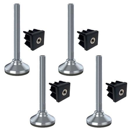 Ruostumaton teräsjalka M16x150, pohjan halkaisija 65 mm, kumityyny + sisäosa 50x50x2 mm – 4 kpl:n sarja
