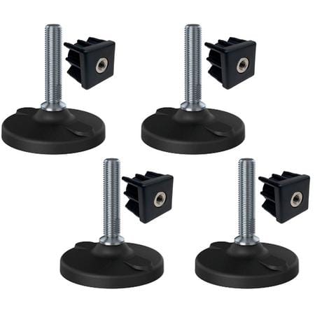 Ruostumaton teräsjalka M16x70, 100 mm:n muovialusta rei'illä + kiinnike 50x50x2 mm – 4 kpl:n sarja